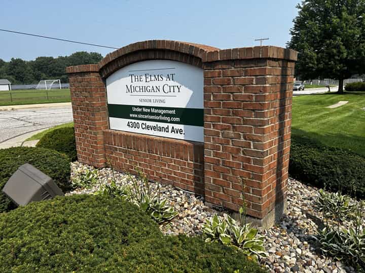 An image of The Elms at Michigan City monument sign.